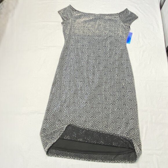 Derek Heart Black Silver Shimmery Greek Key Shift Dress Boat Neck Cap Sleeve 1X - Picture 8 of 14